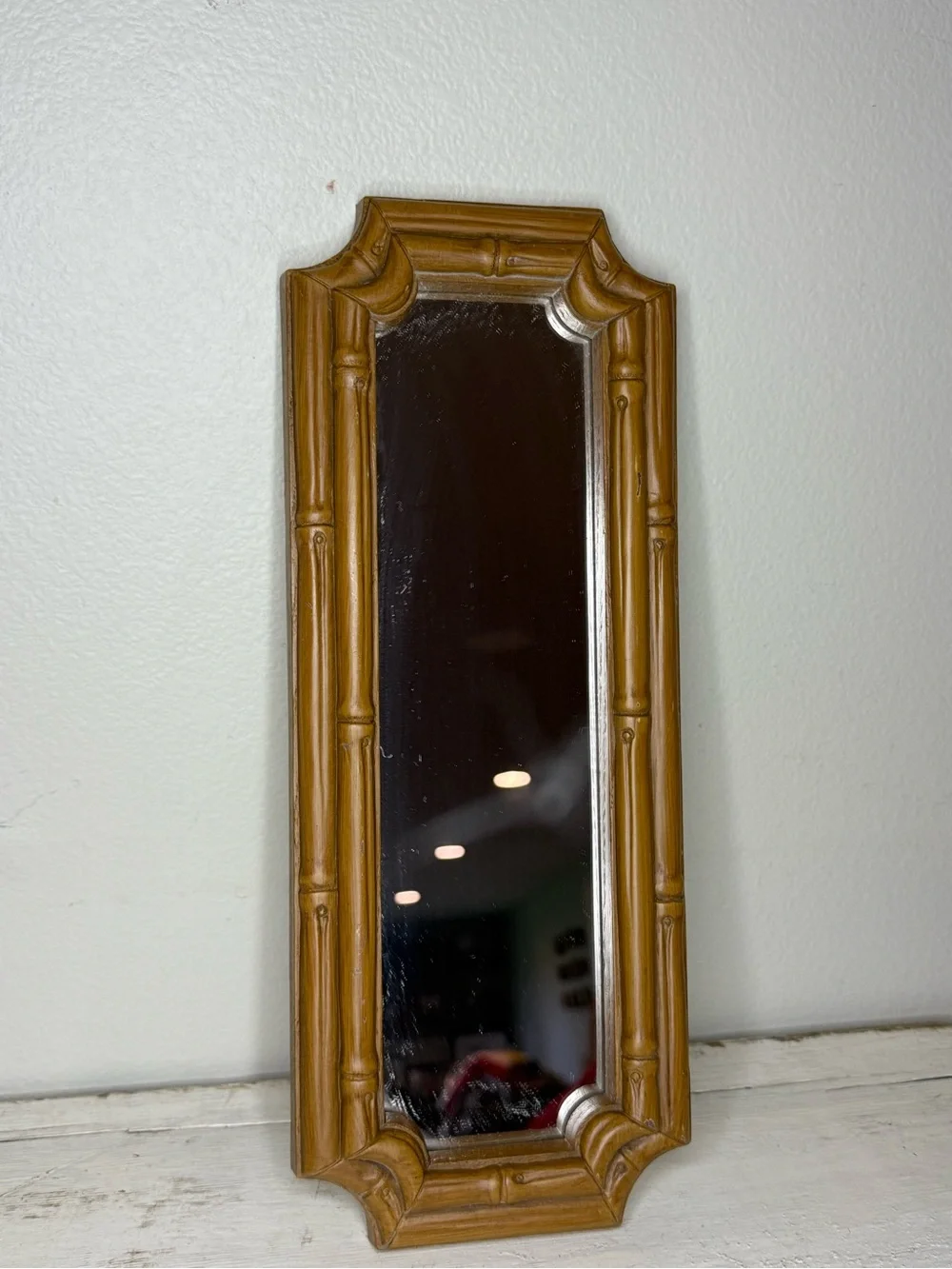 1970s Homco Faux Bamboo Wood, Brown Rectangular Mirror, Made in USA, Wall Hangin